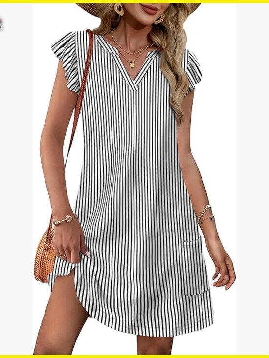 Dresses & Skirts - Casual Ruffle Sleeve V Neck Swing Sundress with Pockets Lightweight Fabric